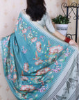 Blue Soft Tussar Silk with Floral & Birds Printed and Zari Border Saree