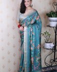 Blue Soft Tussar Silk with Floral & Birds Printed and Zari Border Saree