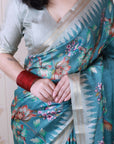 Blue Soft Tussar Silk with Floral & Birds Printed and Zari Border Saree