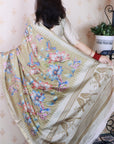 Gold Soft Tussar Silk with Floral & Birds Printed and Zari Border Saree