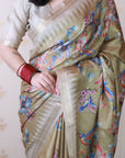 Gold Soft Tussar Silk with Floral & Birds Printed and Zari Border Saree