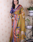Gold Tussar Silk Traditional Printed Saree with Zari Border