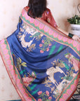 Navy Blue Tussar Silk Traditional Printed Saree with Zari Border