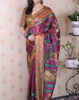 Wine Tussar Silk Traditional Printed Saree with Zari Border