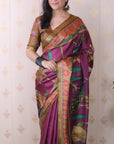 Wine Tussar Silk Traditional Printed Saree with Zari Border