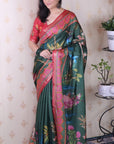 Bottle Green Tussar Silk Traditional Printed Saree with Zari Border