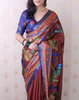 Maroon Tussar Silk Traditional Printed Saree with Zari Border
