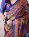 Maroon Tussar Silk Traditional Printed Saree with Zari Border