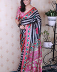 Grey Tussar Silk Striped Printed Saree with Contrast Zari Border