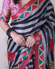 Grey Tussar Silk Striped Printed Saree with Contrast Zari Border