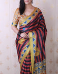 Red Tussar Silk Striped Printed Saree with Contrast Zari Border