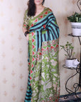 Sky Blue Tussar Silk Striped Printed Saree with Contrast Zari Border