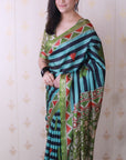 Sky Blue Tussar Silk Striped Printed Saree with Contrast Zari Border