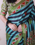 Sky Blue Tussar Silk Striped Printed Saree with Contrast Zari Border