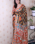 Orange Tussar Silk Striped Printed Saree with Contrast Zari Border