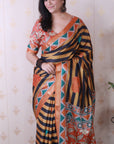 Orange Tussar Silk Striped Printed Saree with Contrast Zari Border