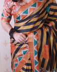 Orange Tussar Silk Striped Printed Saree with Contrast Zari Border