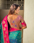 Peacock Blue Paithani Silk Lotus Jaal Contrast Border Saree