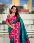 Peacock Blue Paithani Silk Lotus Jaal Contrast Border Saree