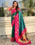 Peacock Blue Paithani Silk Lotus Jaal Contrast Border Saree