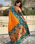 Orange Paithani Silk Lotus Jaal Contrast Border Saree