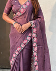 Wine Crush Silk Embroidery Floral Border Saree