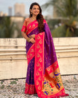 Purple(Red tone) Paithani Silk Lotus Jaal Contrast Border Saree