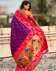 Purple(Red tone) Paithani Silk Lotus Jaal Contrast Border Saree