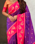Purple(Red tone) Paithani Silk Lotus Jaal Contrast Border Saree