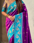 Purple Paithani Silk Lotus Jaal Contrast Border Saree