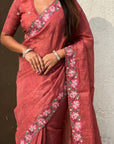 Coral Red Crush Silk Embroidery Floral Border Saree