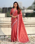 Coral Red Crush Silk Embroidery Floral Border Saree