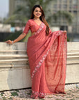 Coral Red Crush Silk Embroidery Floral Border Saree
