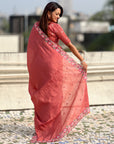 Coral Red Crush Silk Embroidery Floral Border Saree