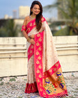 Cream Paithani Silk Lotus Jaal Contrast Border Saree