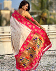 Cream Paithani Silk Lotus Jaal Contrast Border Saree