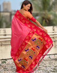 Baby Pink Paithani Silk Lotus Jaal Contrast Border Saree