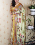 Light Yellow Tussar Silk Traditional Kalamkari Printed Saree