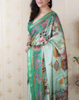 Seafoam Green Tussar Silk Traditional Kalamkari Printed Saree