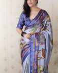 Pastel Blue Tussar Silk Traditional Kalamkari Printed Saree