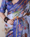 Pastel Blue Tussar Silk Traditional Kalamkari Printed Saree