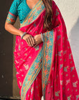 Pink Premium Viscose Silk Traditional Art Zari Woven Position Print Saree