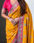 Mustard Yellow Traditional Dance Pattern Premium Position Printed Viscose Silk Saree