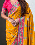 Mustard Yellow Premium Viscose Silk Traditional Art Zari Woven Position Print Saree