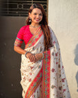White Premium Viscose Silk Traditional Art Zari Woven Position Print Saree