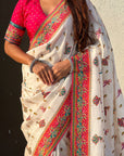 White Premium Viscose Silk Traditional Art Zari Woven Position Print Saree