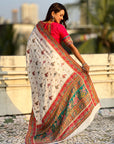 White Premium Viscose Silk Traditional Art Zari Woven Position Print Saree