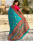 Rama Blue Premium Viscose Silk Traditional Art Zari Woven Position Print Saree