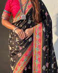 Black Premium Viscose Silk Traditional Art Zari Woven Position Print Saree