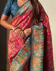 Rani Pink Premium Position Printed Pashmina Viscose Silk Saree with Darbari Border